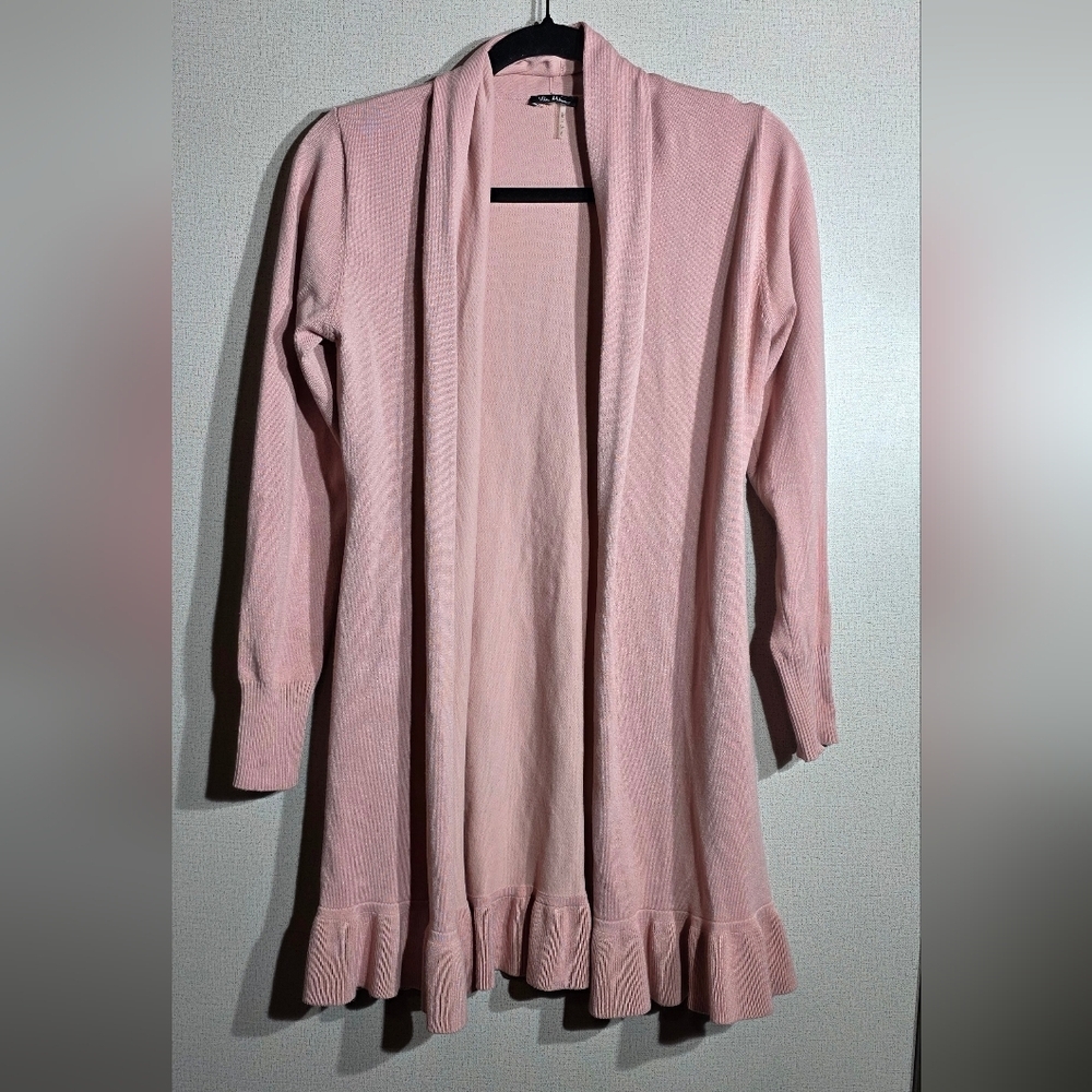 Women’s Pink Open-Front Ruffle Hem Cardigan